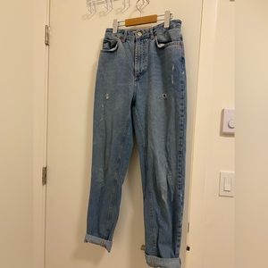 high waisted lightly distressed BDG light wash jeans